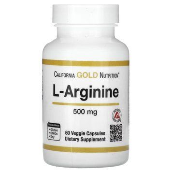 L-Аргінін, 500 мг, L-Arginine, California Gold Nutrition, 60 вегетаріанських капсул CGN01126 фото