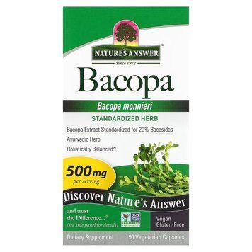Бакопа, 500 мг, Bacopa, Nature's Answer, 90 вегетаріанських капсул, для покращення пам'яті та концентрації NTA16360 фото