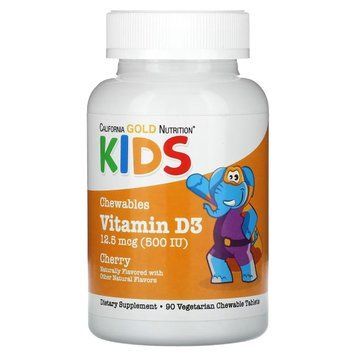 Вітамін D3 для дітей, 500 МЕ, смак вишні, California Gold Nutrition, 90 жувальних цукерок CGN02277 фото