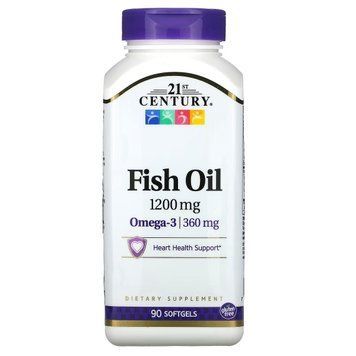 Риб'ячий жир, 1200 мг, Омега-3, 360 мг, Fish Oil Omega 3, 21st Century, 90 желатинових капсул CEN27026 фото