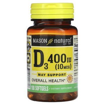 Вітамін D3, 10 мкг (400 МО), Vitamin D3, Mason Natural, 100 гелевих капсул, підтримка імунної системи MAV11831 фото