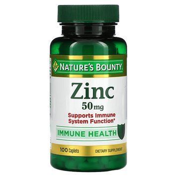 Цинк, 50 мг, Zinc, Nature's Bounty, 100 каплет, поддержка иммунной системы, для здоровья костей NRT02060 фото