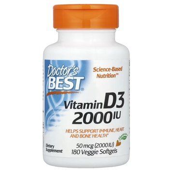 Вітамін D3, 2000 МЕ, Vitamin D3, Doctor's Best, 180 вегетаріанських капсул, підтримка імунної системи DRB00535 фото