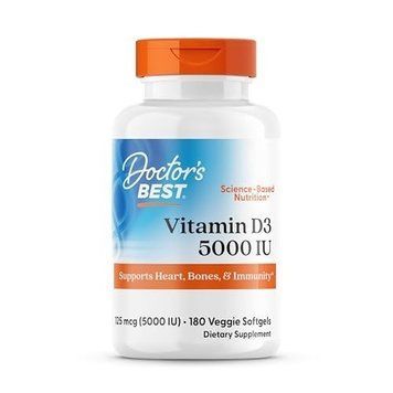 Вітамін D3, 5000 МЕ, Vitamin D3, Doctor's Best, 180 вегетаріанських капсул, підтримка імунної системи DRB00536 фото